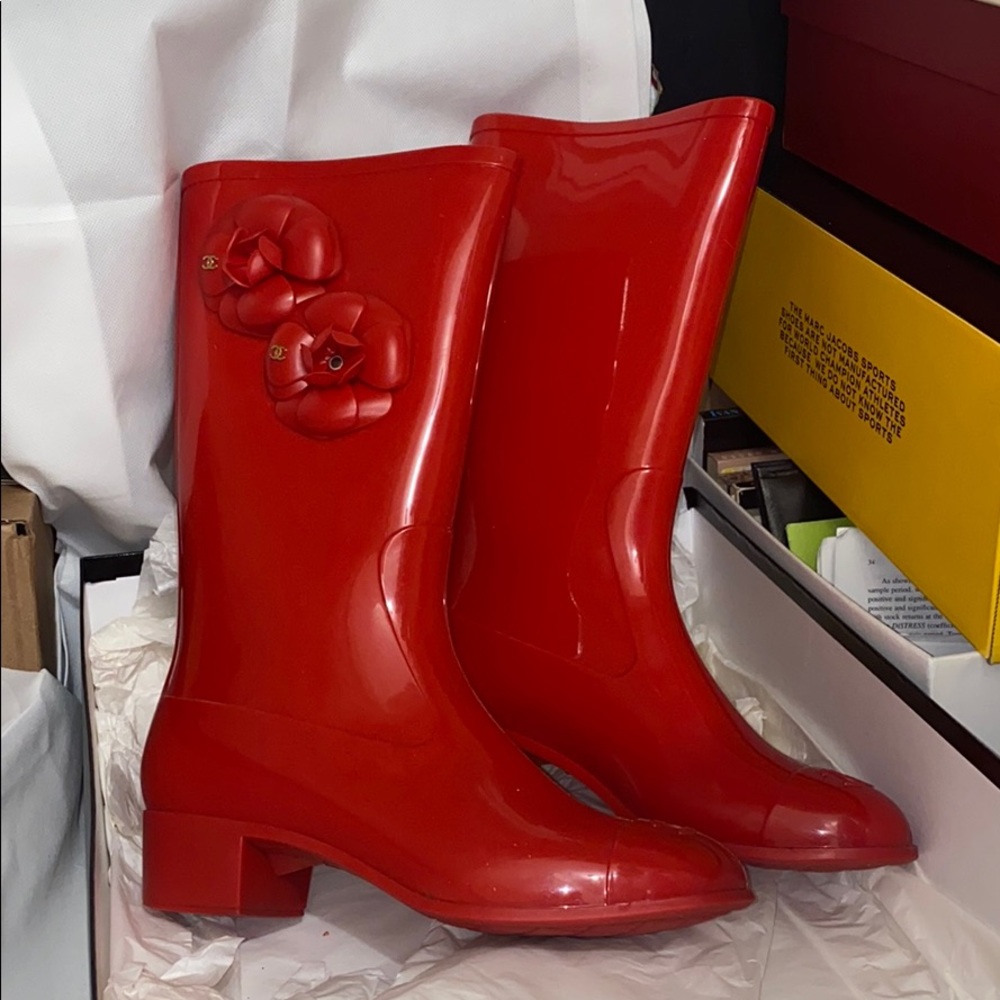 Chanel Red Rubber Rain Boots